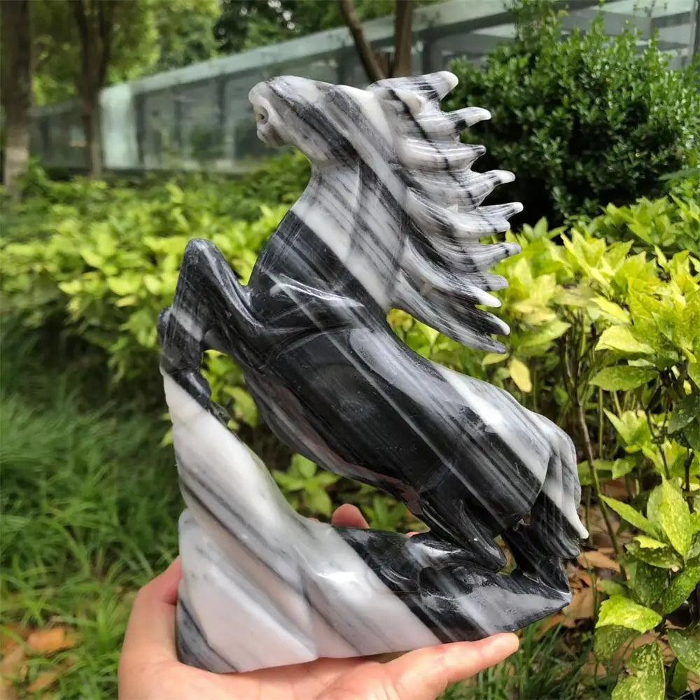 Hand-carved Taichi Quartz horse statue featuring striking black and white yin-yang patterns for grounding energy.