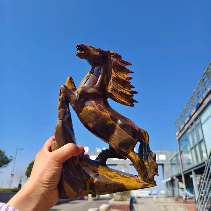 Polished Three-Flower Jasper flying horse statue with earthy tones, perfect for grounding and root chakra energy.