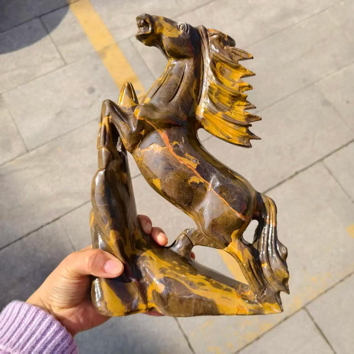 Polished Three-Flower Jasper flying horse statue with earthy swirls, perfect for grounding and root chakra energy.