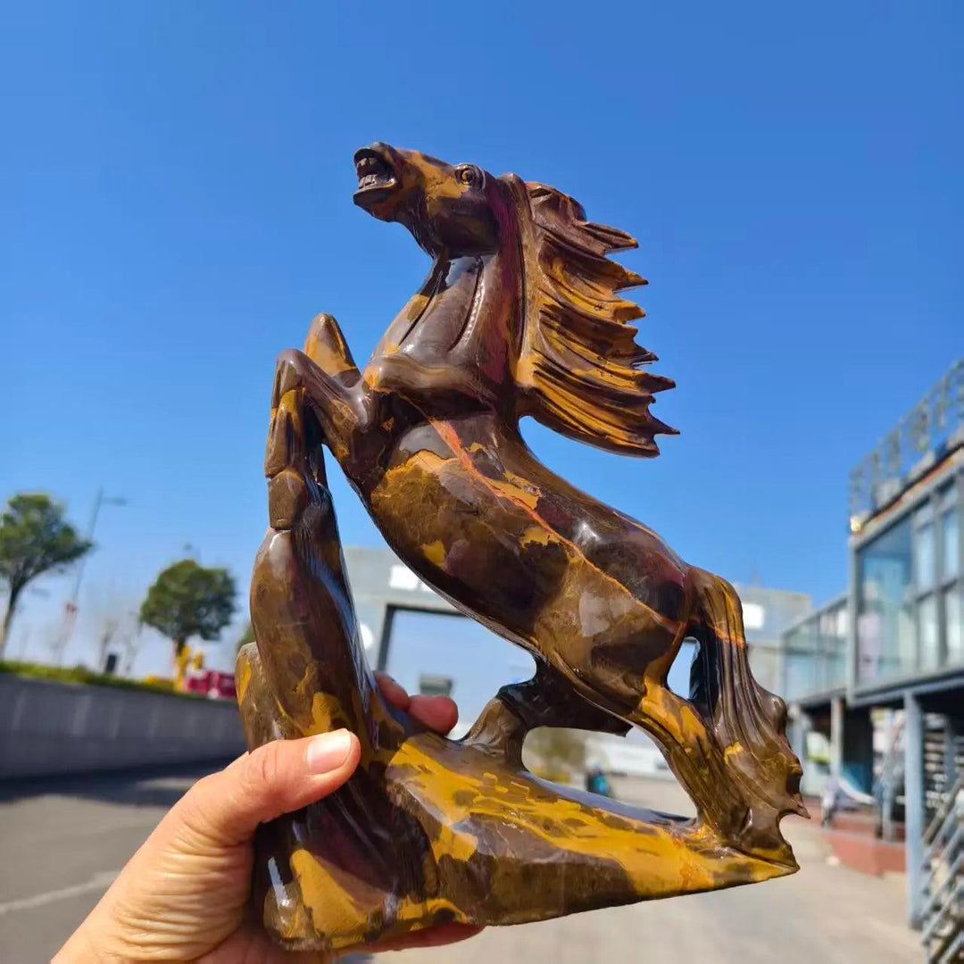 Polished Three-Flower Jasper flying horse statue with earthy tones, perfect for grounding and root chakra energy.