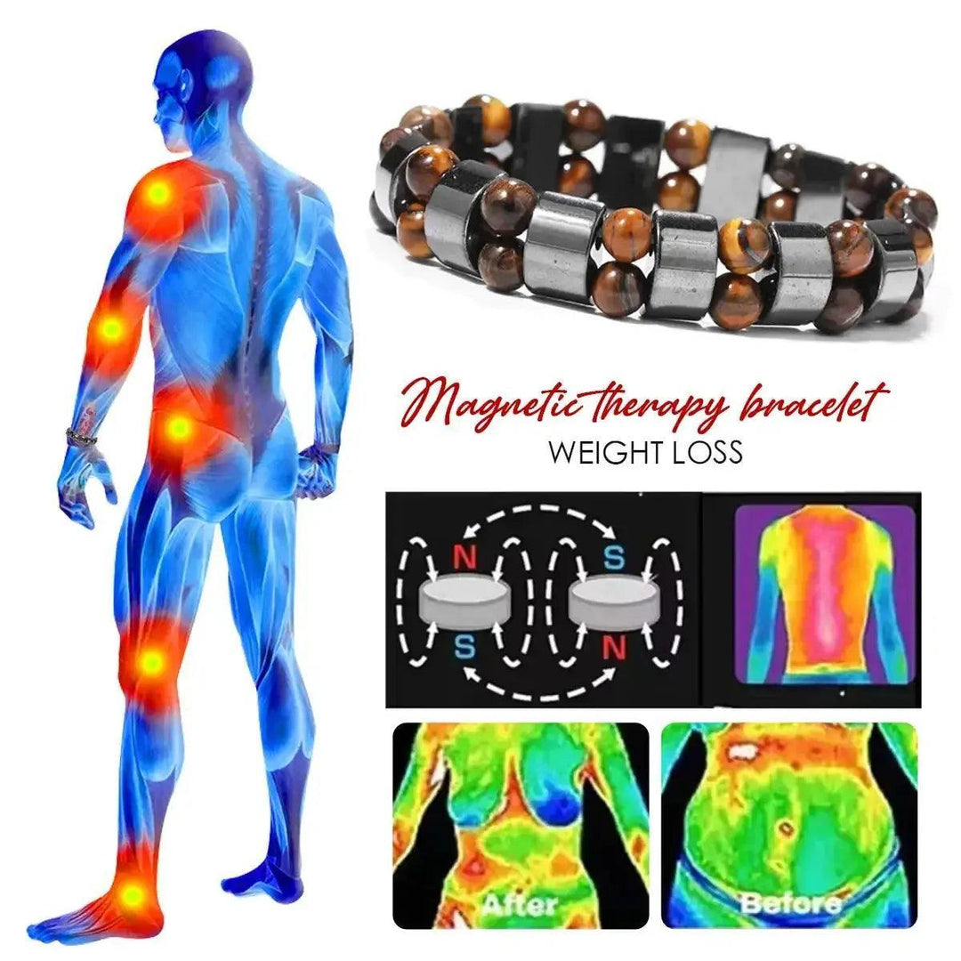 Magnetic therapy bracelet with Tiger's Eye and Hematite beads for weight loss and pain relief.