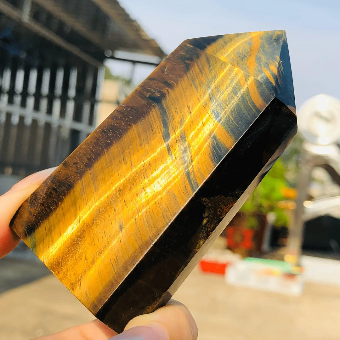 Tiger's Eye Blue & Gold Crystal Tower with shimmering chatoyant bands for focus and confidence.