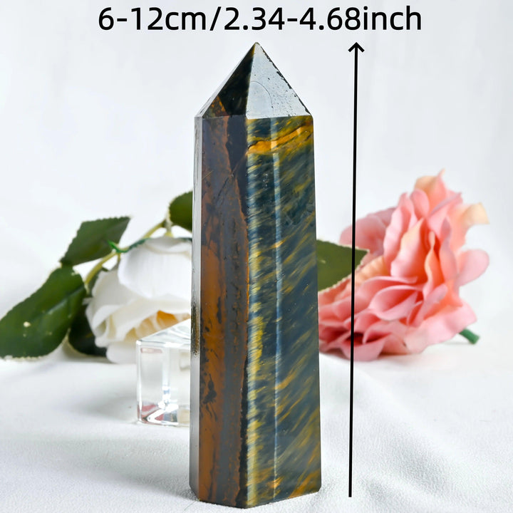 Tiger's Eye Blue & Gold Crystal Tower showing chatoyant gold and blue bands for focus and confidence.