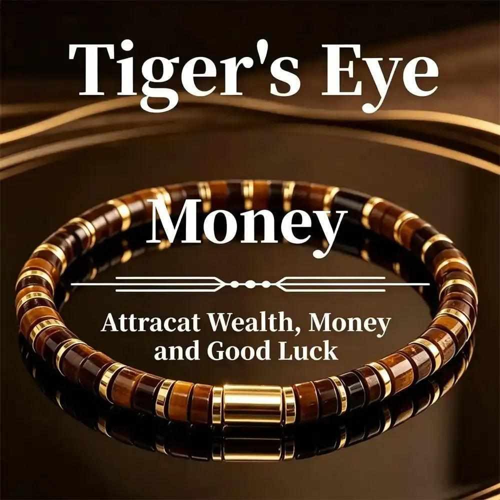 Tiger's Eye Disc Bead Bracelet with gold-tone spacers and cylindrical accent for confidence and wealth.