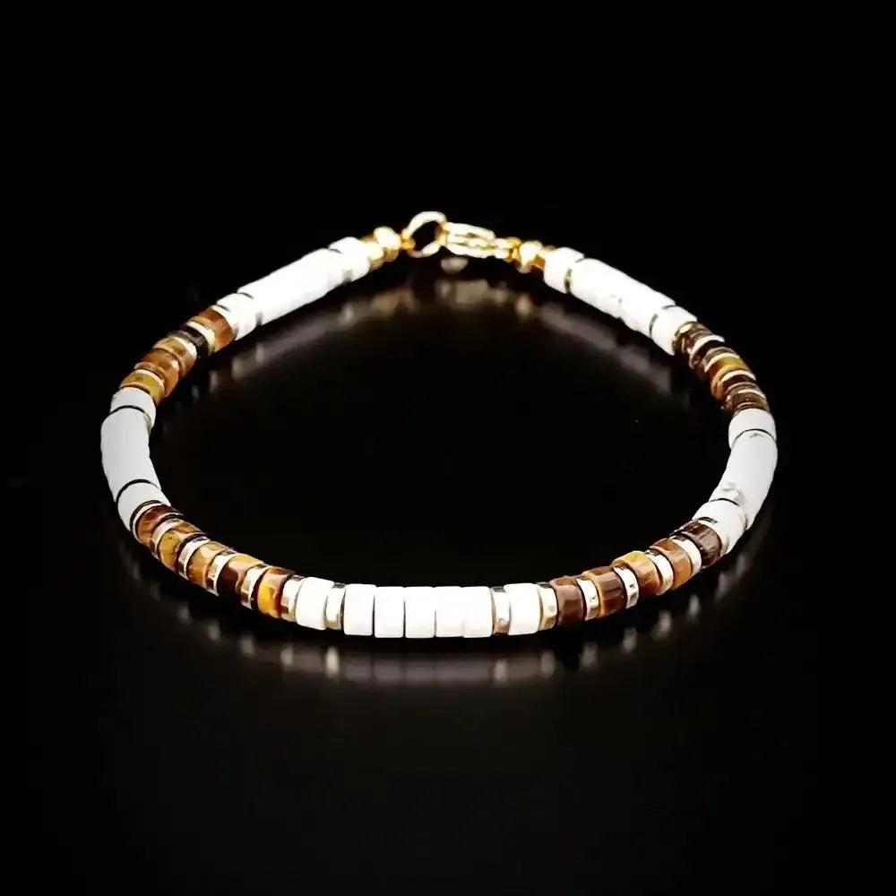 Tiger's Eye and White Stone disc bracelet with gold-tone spacers, offering grounded confidence in a 180mm design.