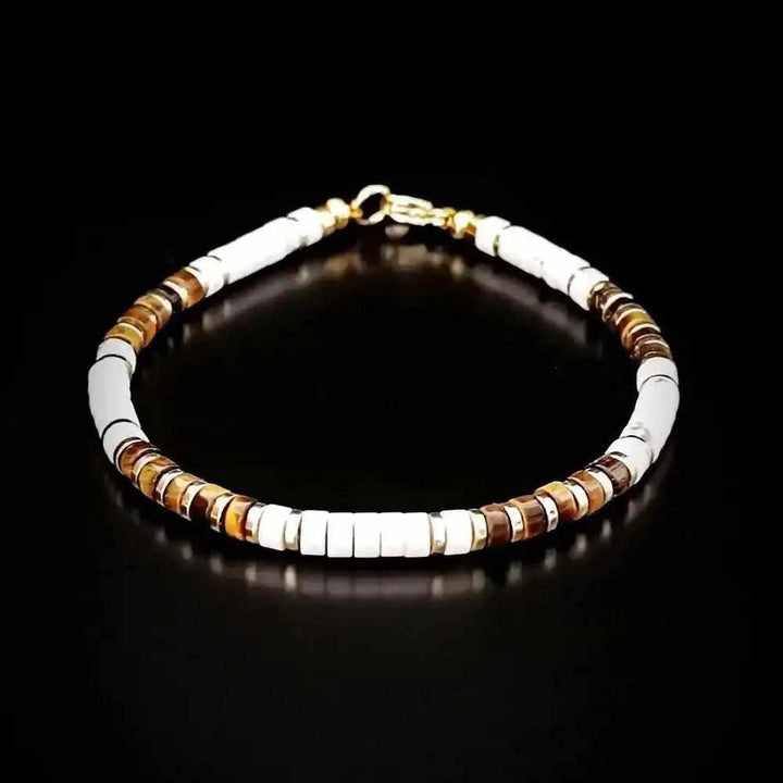 Tiger's Eye and White Stone disc bracelet with gold-tone spacers, offering grounded confidence in a 180mm design.