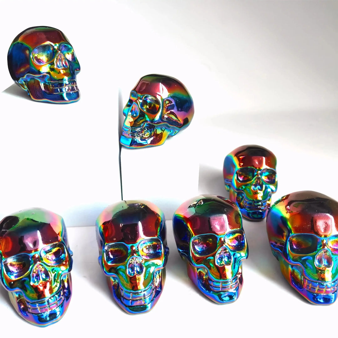 2.36'' Titanium Aura Obsidian skull carving featuring a vibrant, iridescent rainbow finish for unique home decor.