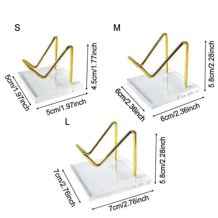 Transparent Acrylic Display Stands with gold wire, showcasing three sizes for crystals and sacred objects.