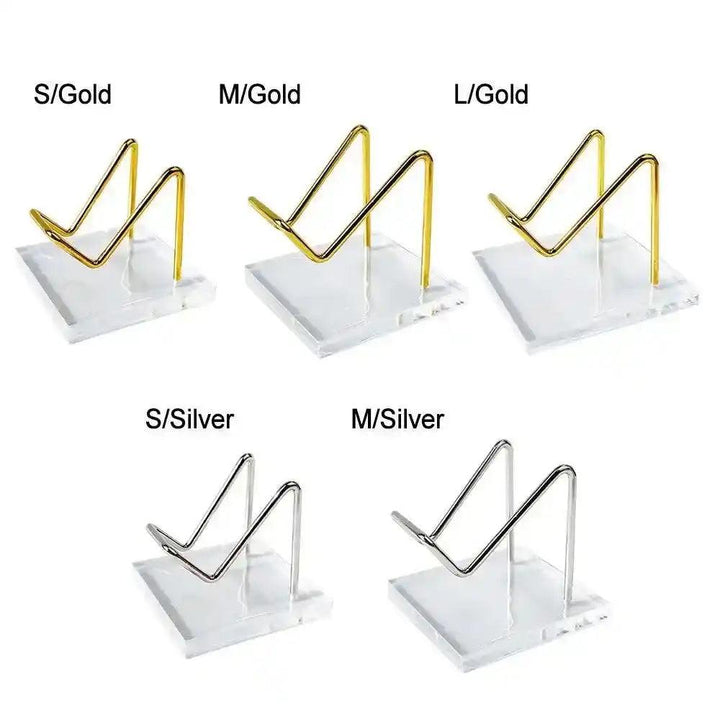 Transparent Acrylic Display Stands with gold and silver metal cradles in S, M, L sizes, perfect for crystals.
