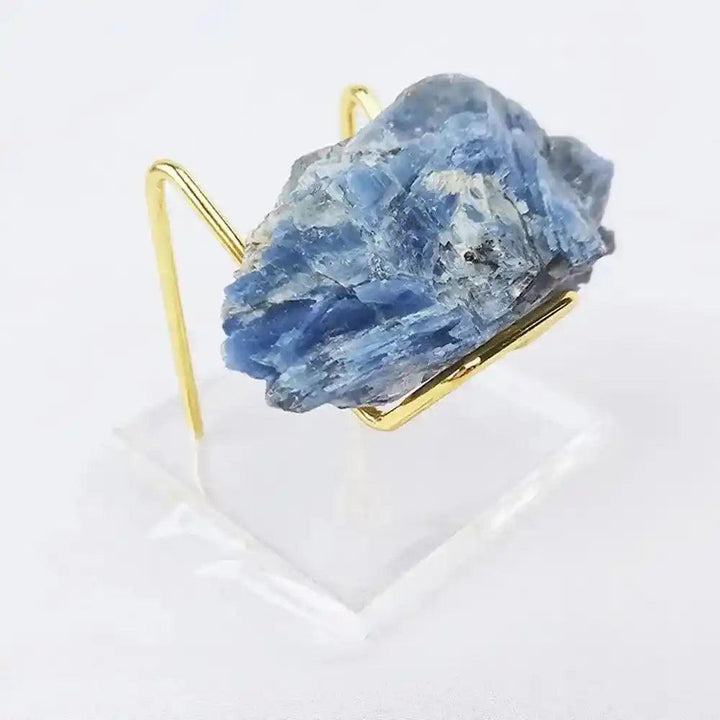 Transparent Acrylic Display Stand showcasing a raw blue Kyanite crystal, amplifying clarity and positive energy.