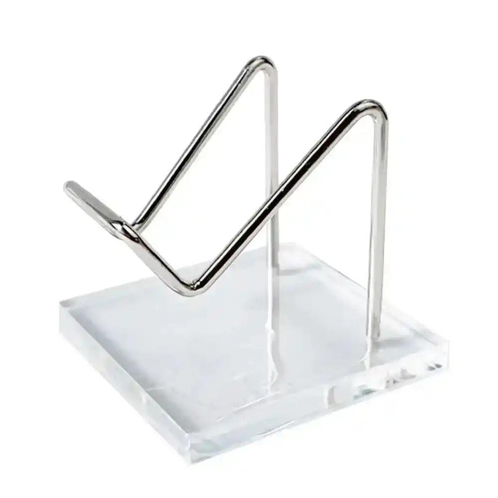 Transparent Acrylic Display Stand with silver metal easel, perfect for showcasing crystals and sacred objects.