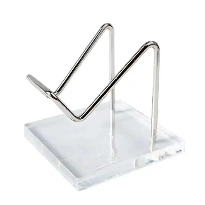 Transparent Acrylic Display Stand with silver metal easel, perfect for showcasing crystals and sacred objects.