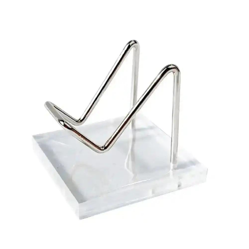 Transparent Acrylic Display Stand with silver metal easel, perfect for showcasing crystals and sacred objects.