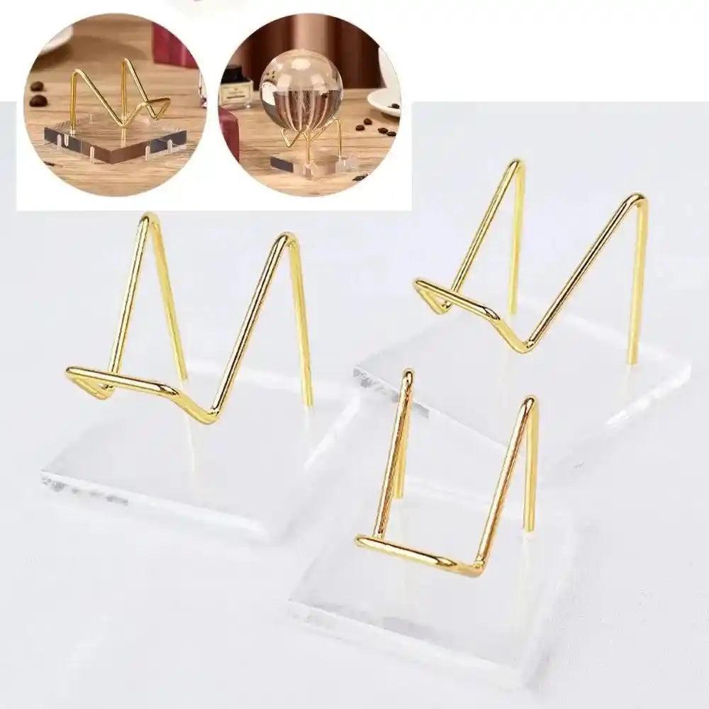 Crystal Destiny transparent acrylic display stands with gold wire holders, perfect for showcasing crystals.