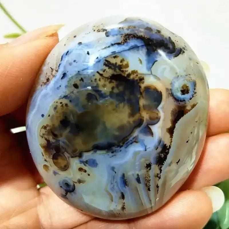 Smooth, hand-polished Tree Agate palm stone with cream and blue-green branching patterns for grounding and meditation.