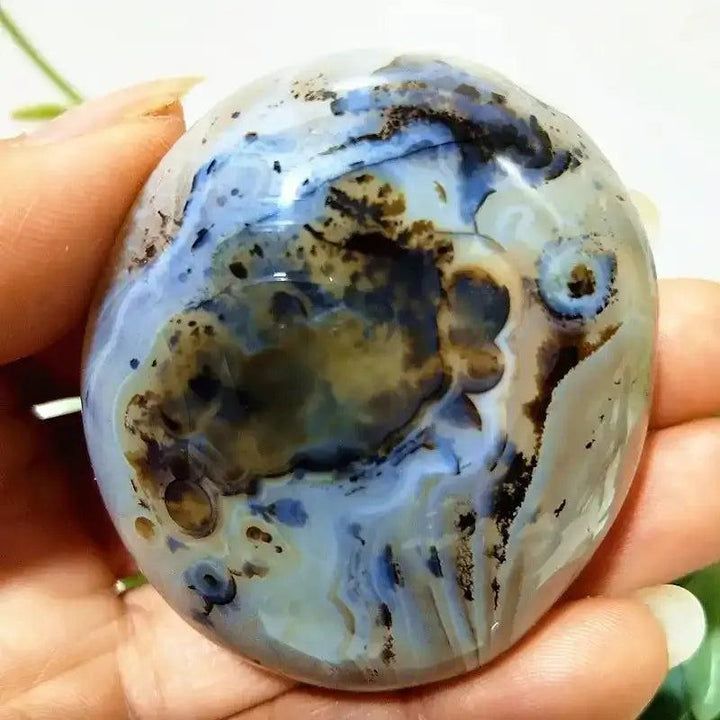 Smooth, hand-polished Tree Agate palm stone with cream and blue-green branching patterns for grounding and meditation.