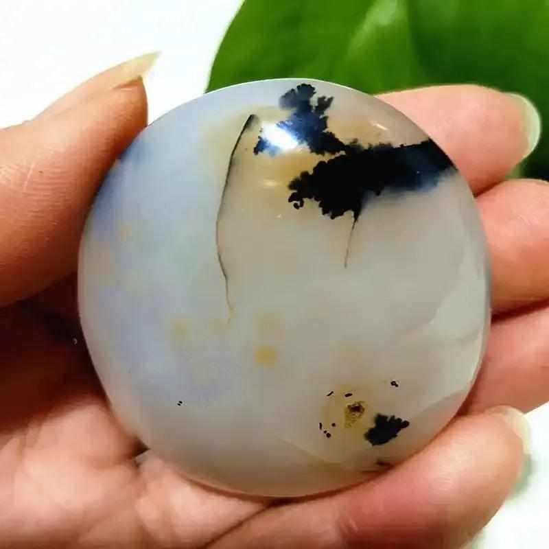 Smooth, hand-polished Tree Agate palm stone featuring cream tones and grounding green, plant-like branching patterns.