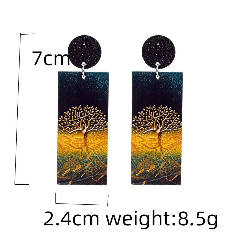 New Style Tree of Life Acrylic Earrings, 7cm long, featuring a gold-colored Tree of Life design on a blue and yellow background.