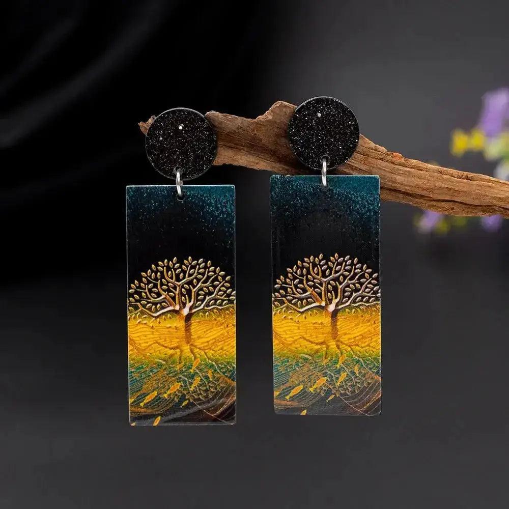 New Style Tree of Life Acrylic Earrings with gold-colored relief printing, symbolizing growth and connection.