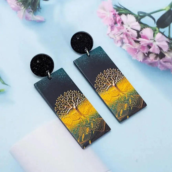 New Style Tree of Life Acrylic Earrings with gold-colored relief printing, symbolizing growth and connection.