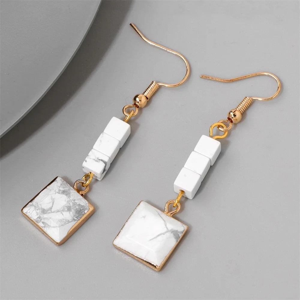 Trendy Square Howlite Stone Dangle Earrings with gold-tone hooks, perfect for women seeking cute, romantic jewelry.