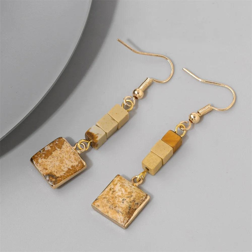 Trendy Square Stone Pendant Earrings with natural brown and beige Jasper, gold-tone alloy, perfect for women.