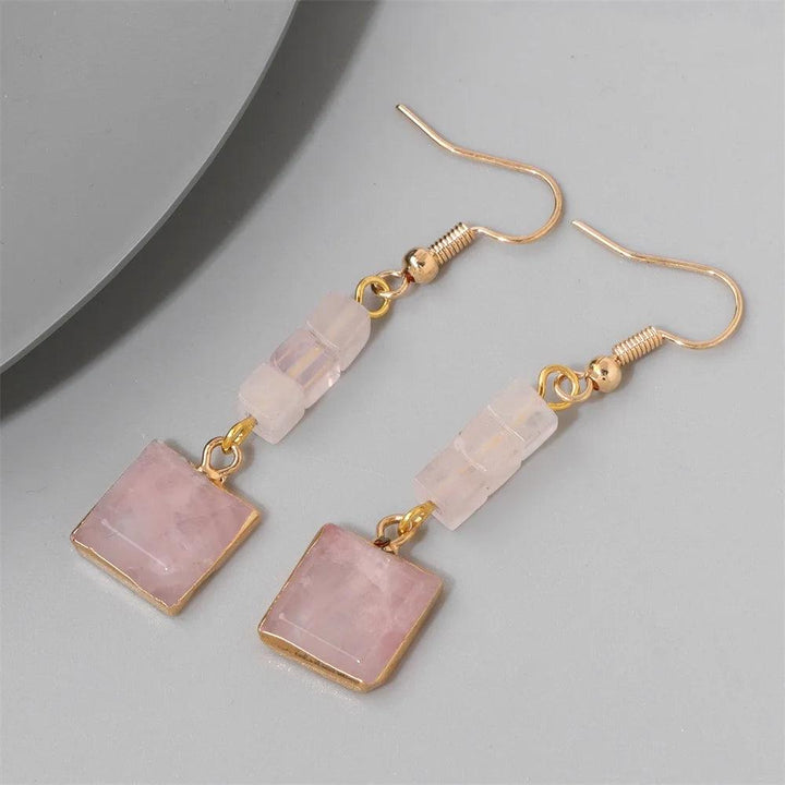 Trendy Square Rose Quartz Drop Dangle Earrings, featuring natural pink quartz stones framed in gold-tone alloy.