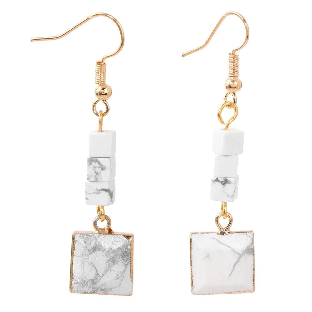 Trendy Square Howlite Stone Pendant Dangle Earrings, gold-tone alloy with white marbled howlite for women.