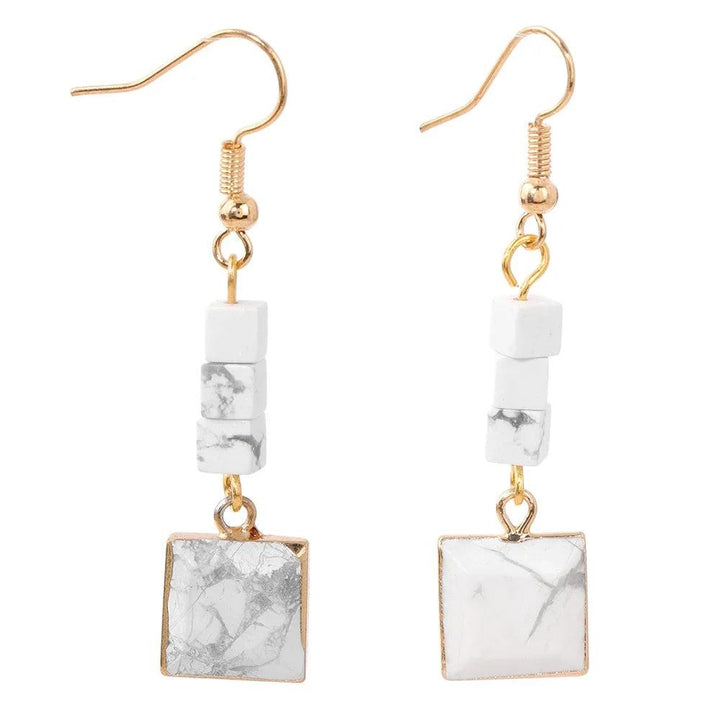 Trendy Square Howlite Stone Pendant Dangle Earrings, gold-tone alloy with white marbled howlite for women.