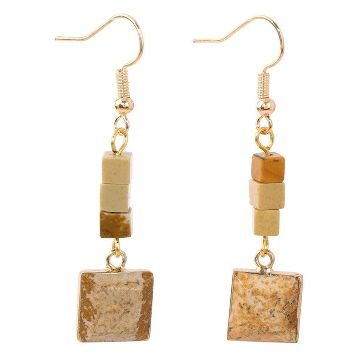 Trendy Square Stone Pendant Earrings with natural howlite, amazonite, and quartzs drop dangle, perfect gift for women.