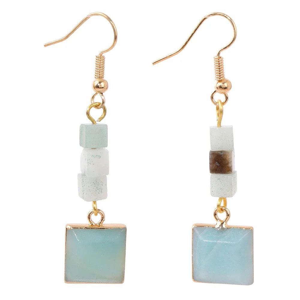 Trendy Square Amazonite Quartz Drop Dangle Earrings with gold-tone alloy, perfect for women seeking cute, romantic jewelry.