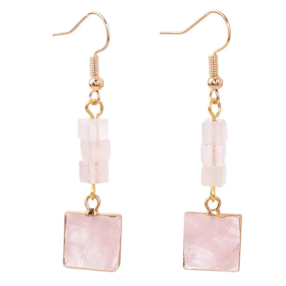 Trendy Square Rose Quartz Drop Dangle Earrings, featuring natural pink square stones and delicate gold-tone accents.