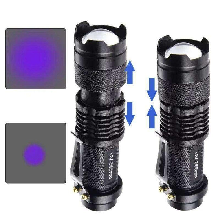 Two black UV-365nm AA flashlights, one extended and one compact, showing their purple light output.
