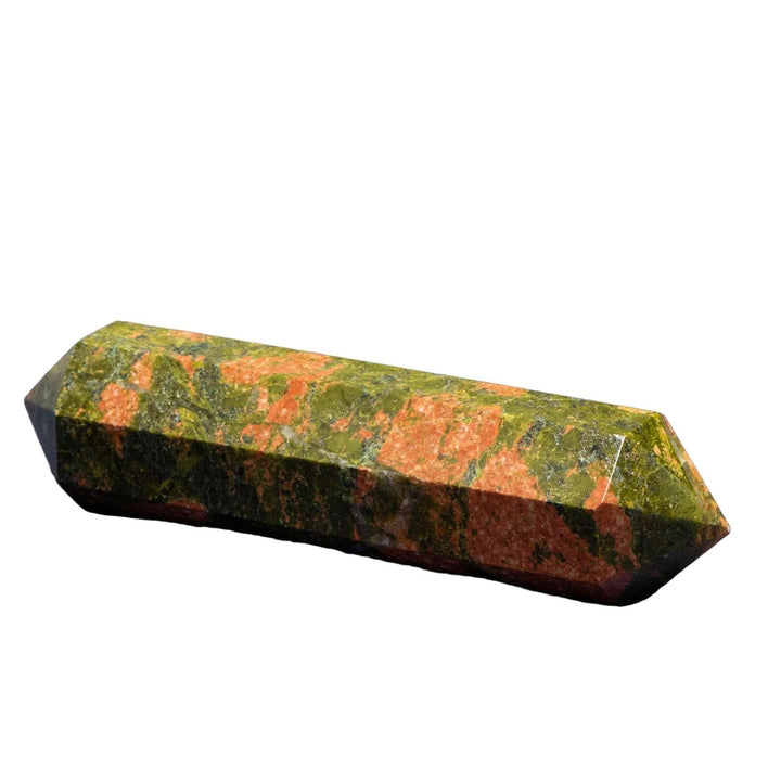 Unakite Double Termination Point: balancing pink, green, and black crystal for emotional and spiritual integration.