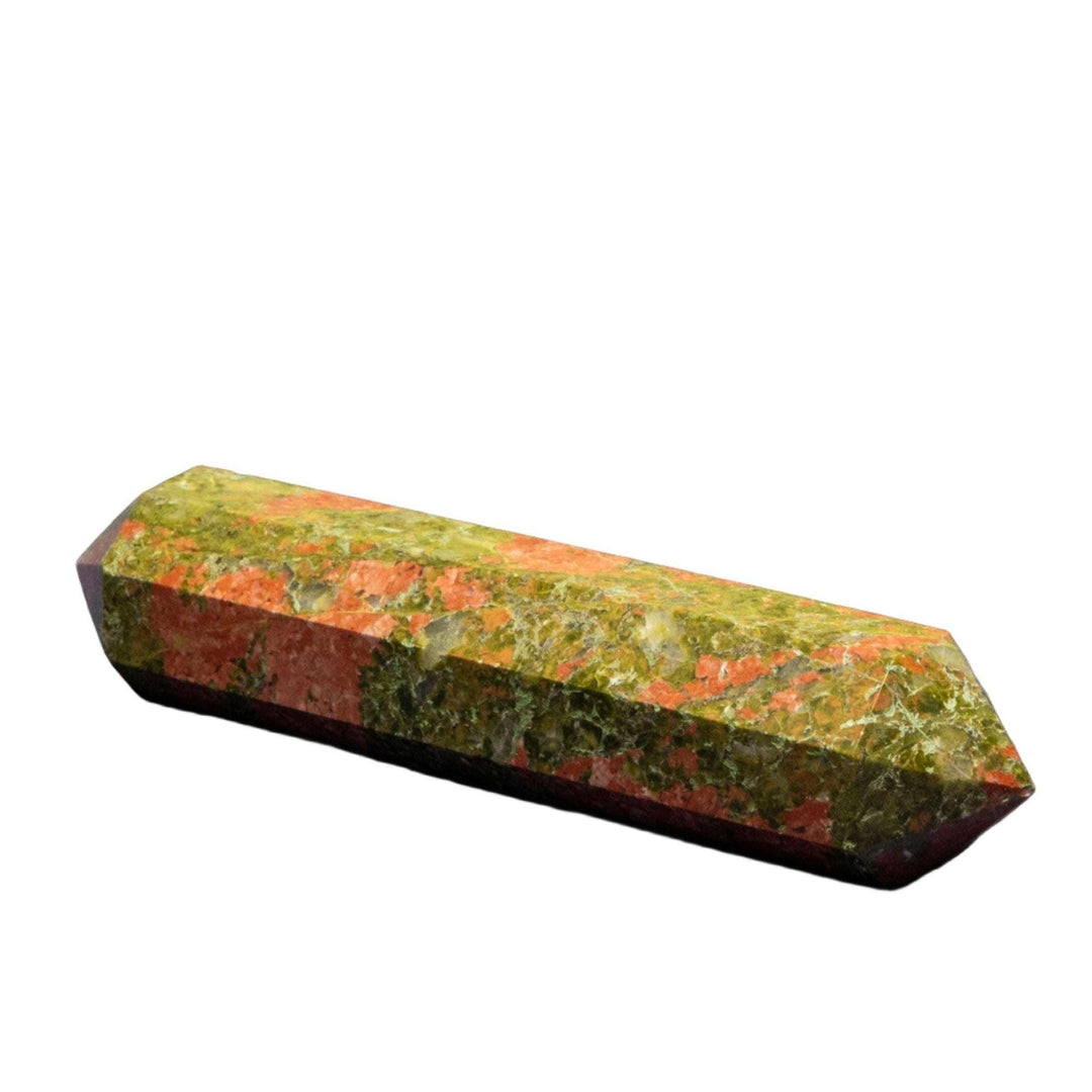 Unakite Double Termination Point: balancing pink, green, and black crystal for emotional and spiritual integration.