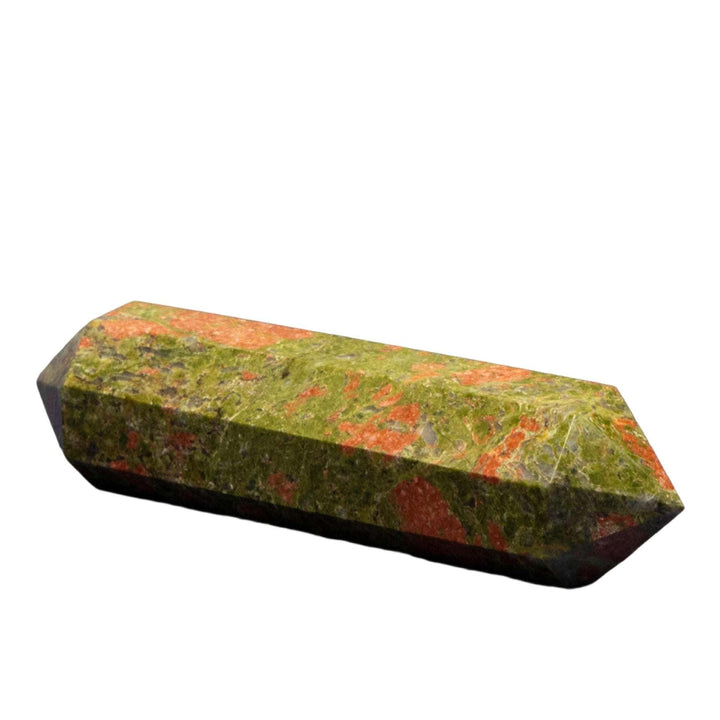 Unakite Double Termination Point: balancing pink, green, and black crystal for emotional and spiritual integration.
