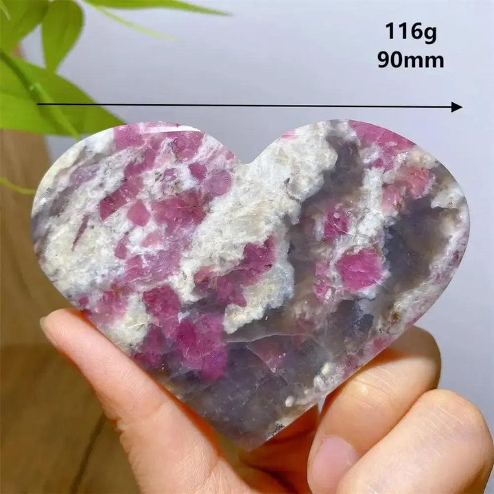 Unicorn Stone heart, 116g, 90mm, with swirling pink Tourmaline, grey Quartz, and lavender Lepidolite.