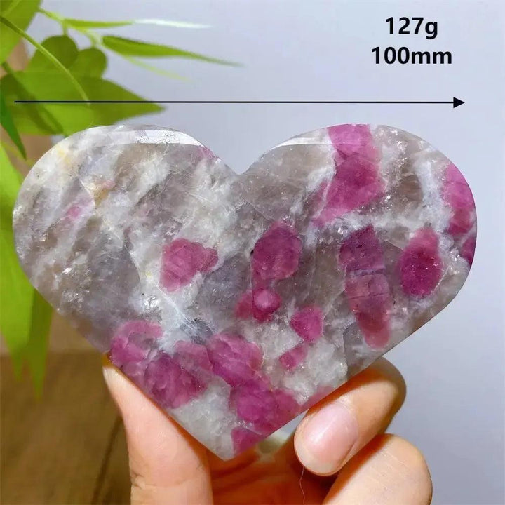 Unicorn Stone heart, 127g, 100mm, with swirling pink Tourmaline, grey Quartz, and lavender Lepidolite.