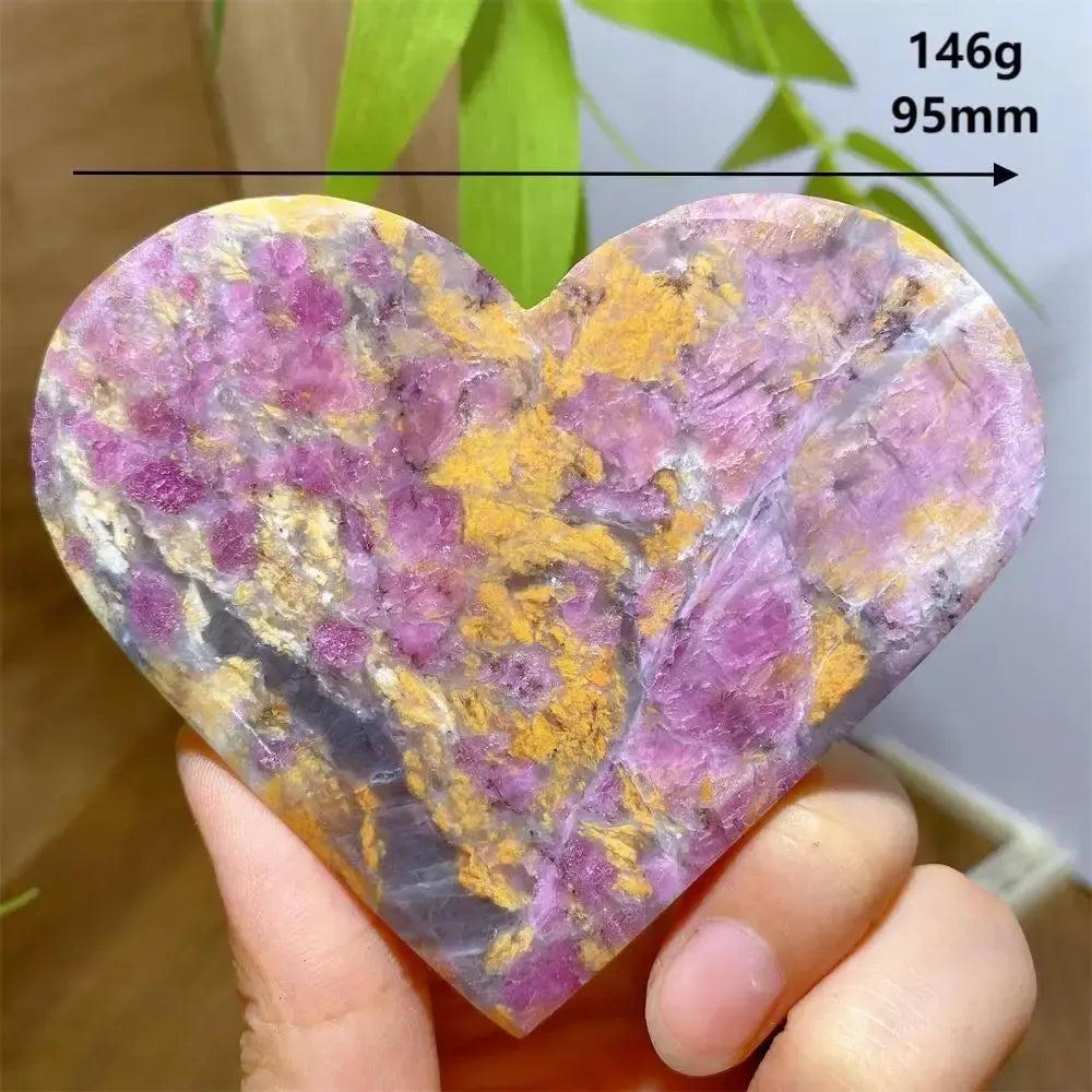 Unicorn Stone heart, 95mm, 146g, with swirling pink, grey, and yellow patterns.