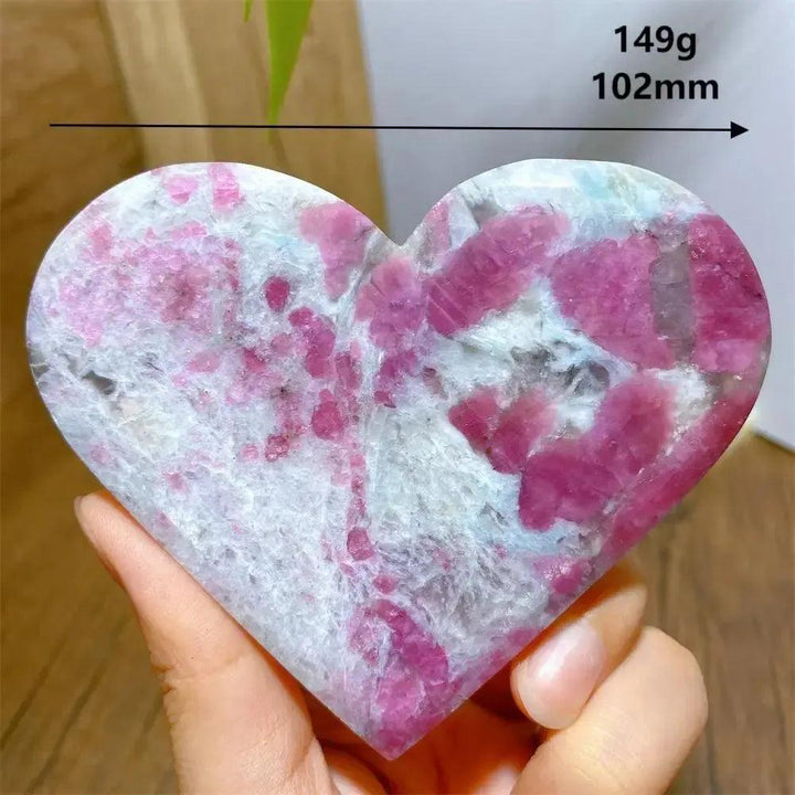 Unicorn Stone heart, 149g, 102mm, with swirling pink Tourmaline, smoky Quartz, and lavender Lepidolite.