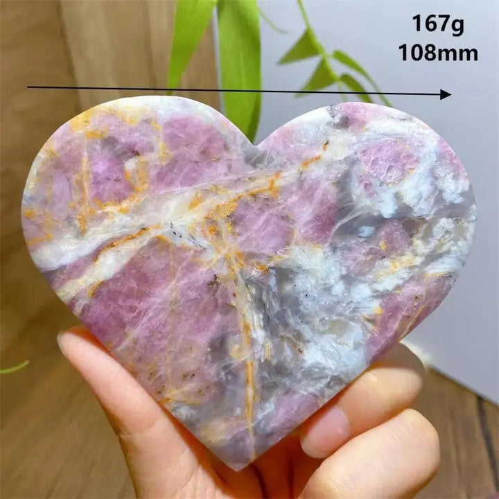 Unicorn Stone heart, 167g, 108mm, with swirling pink, grey, and purple hues.
