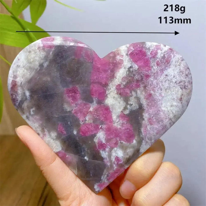 Unicorn Stone heart, 218g, 113mm, with swirling pink Tourmaline, smoky Quartz, and lavender Lepidolite.