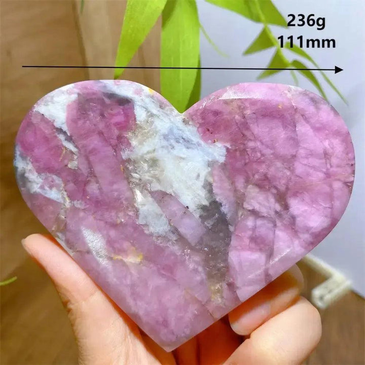Unicorn Stone heart, 236g, 111mm, with swirling pink, grey, and purple hues.