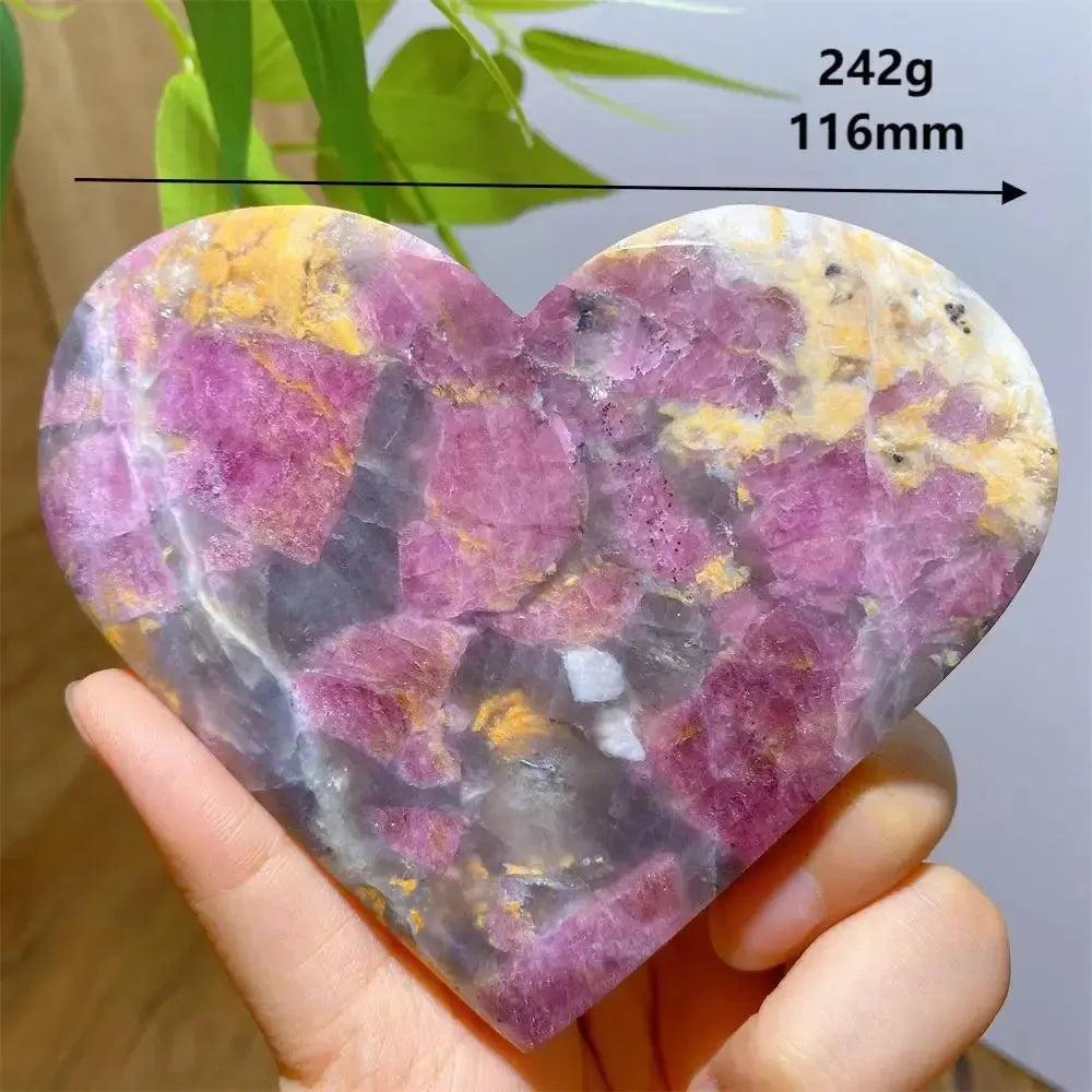 Unicorn Stone heart, 242g, 116mm, with swirling pink Tourmaline, grey Quartz, and lavender Lepidolite.
