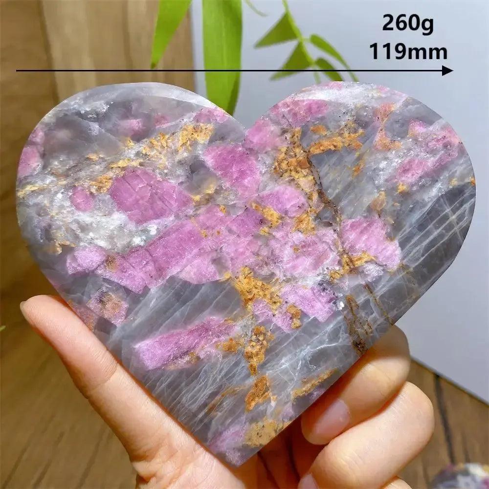Unicorn Stone heart, 260g, 119mm, with swirling pink Tourmaline, smoky Quartz, and lavender Lepidolite.
