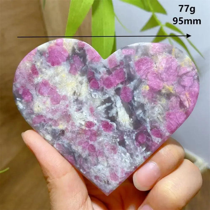 Unicorn Stone heart, 77g, 95mm, with swirling pink, grey, and purple Tourmaline, Quartz, and Lepidolite.