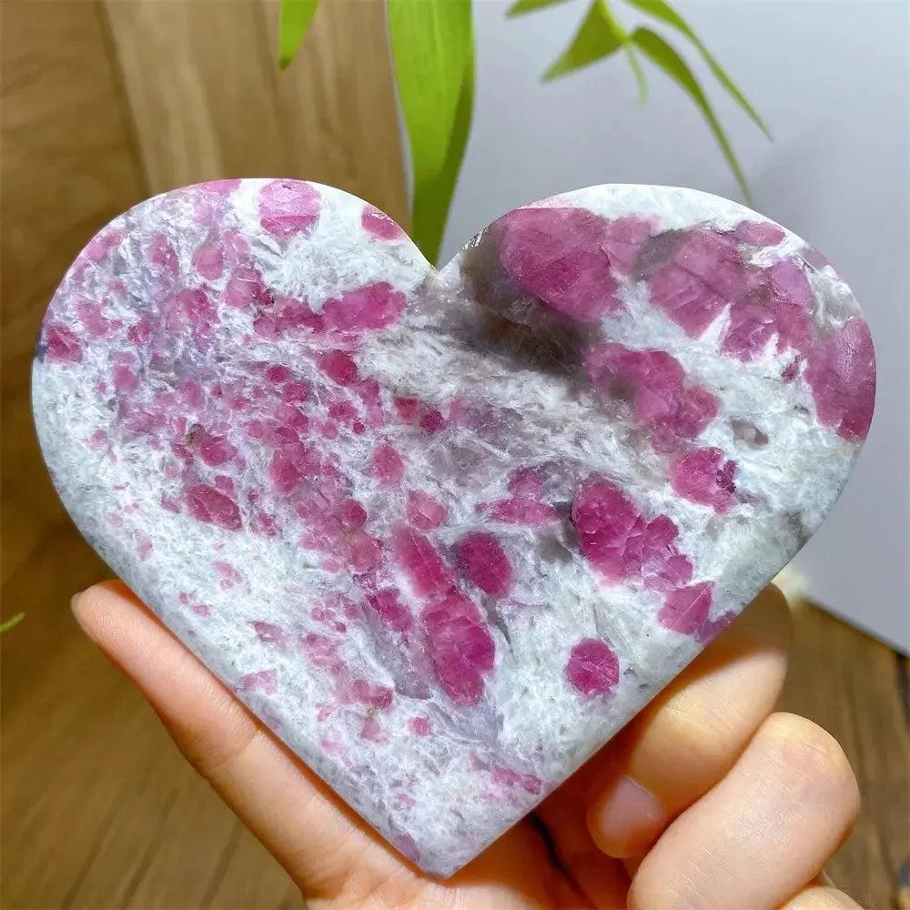 Polished Unicorn Stone heart from Crystal Destiny, featuring vibrant pink Tourmaline, gray Quartz, and lavender Lepidolite.