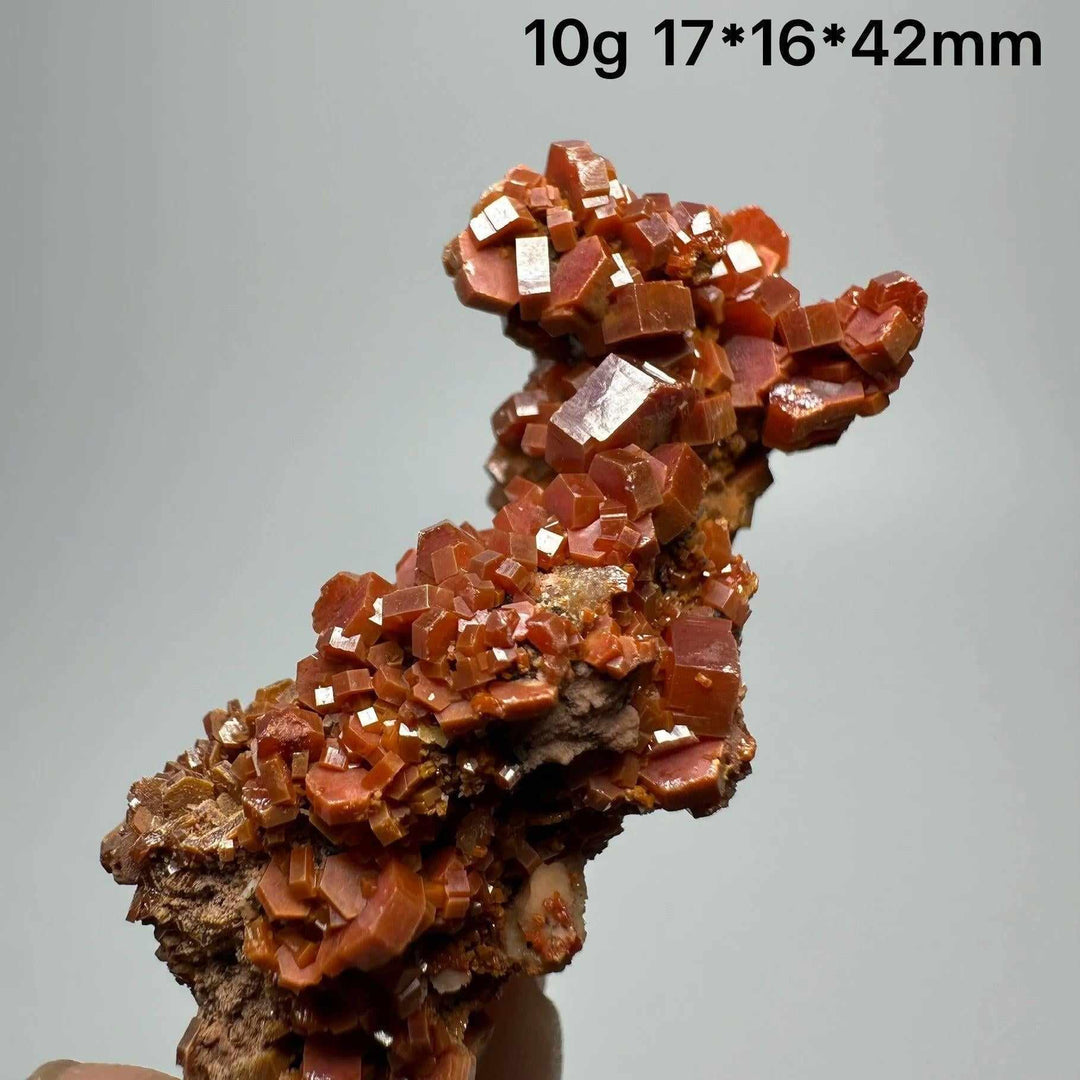Vivid red hexagonal Vanadinite crystal specimen on natural matrix, perfect for Root Chakra energy and mineral collections.