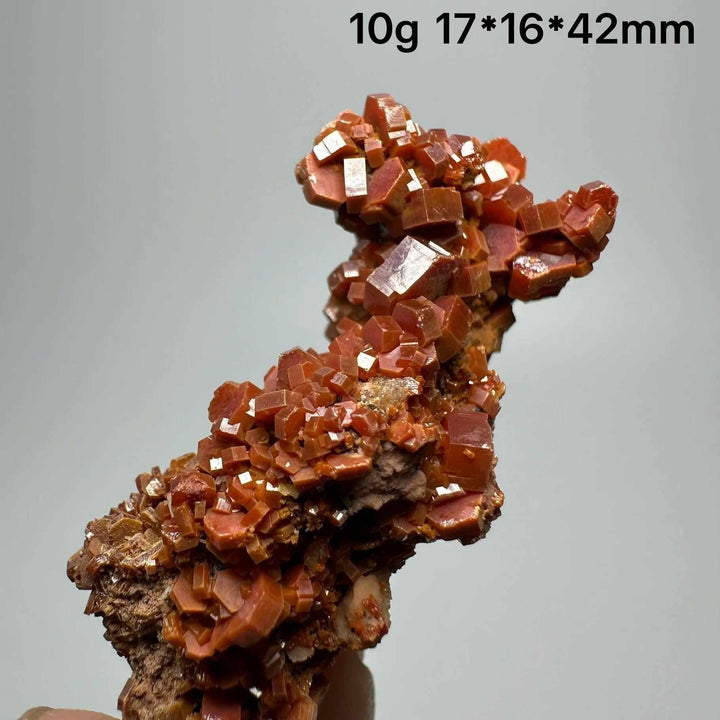 Vivid red hexagonal Vanadinite crystal specimen on natural matrix, perfect for Root Chakra energy and mineral collections.