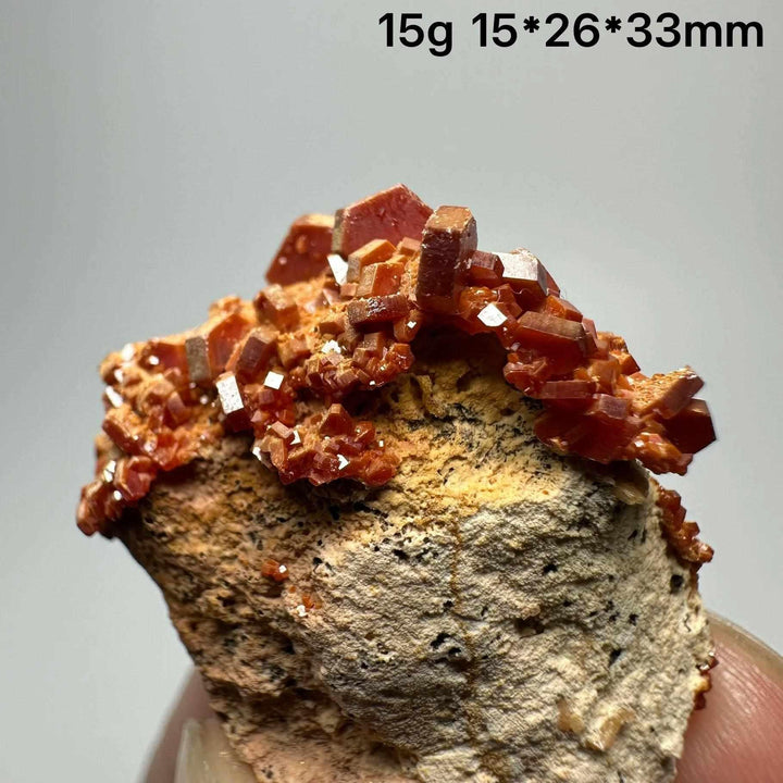 Vivid red hexagonal Vanadinite crystal specimen on natural matrix, perfect for Root Chakra energy and mineral collections.